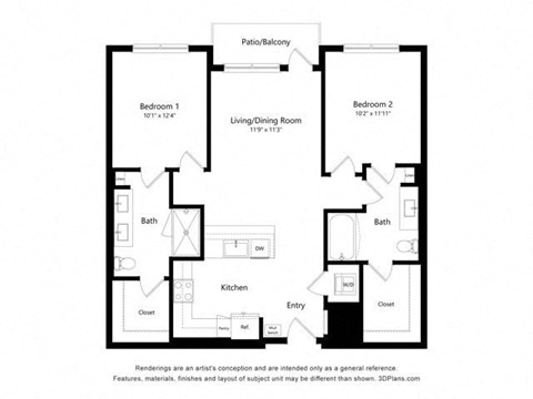 B1_2Bed_2Bath_1046 sqft floor plan at Alta Northerly, Cumming, GA, Georgia, 30028